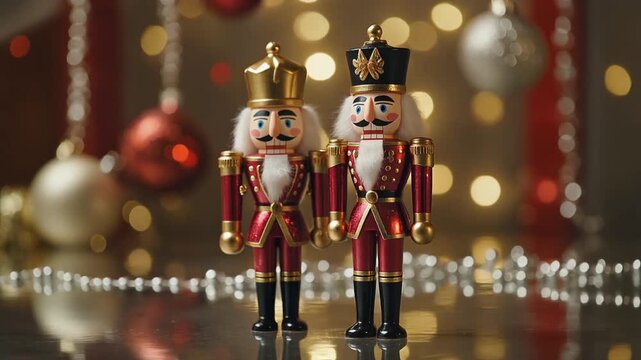 Two Nutcracker Soldiers Festive Decoration with Bokeh Lights