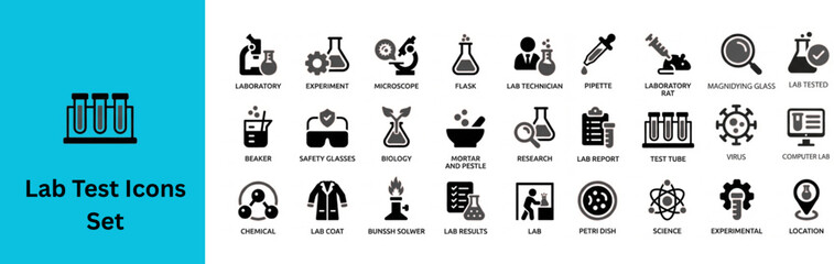 Silhouette vector of Laboratory Test Icon Set. Science lab icon set. Chemical laboratory equipment, biology research tool, test tube, microscope, pipette, lab flask, scales, beaker © Tuhin