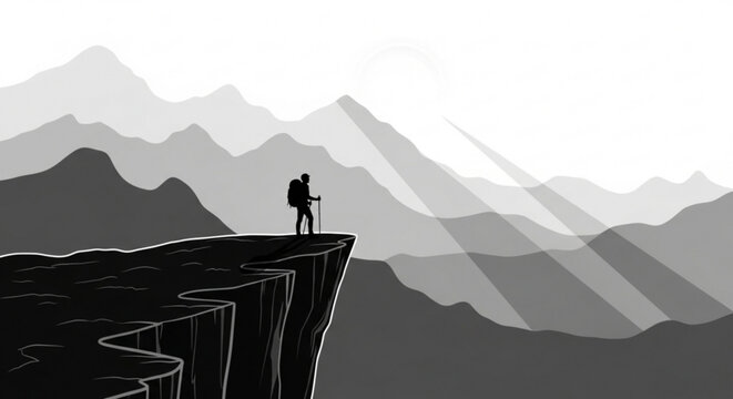 Hiker standing on cliff edge with backpack and trekking pole gazing out at majestic mountain landscape dramatic monochrome illustration