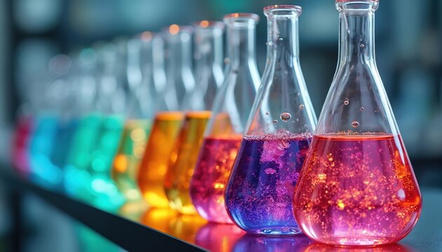 Row of laboratory flasks contain colorful liquid solutions. Bubbles rise in vibrant liquids. Scientific glassware arranged on shelf. Research, science, experiment, discovery.