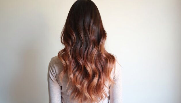 Woman shows wavy ombre hair color from dark brown to copper. Trendy balayage technique creates gradient effect on long healthy flowing locks. This style is popular for modern fashion and beauty.