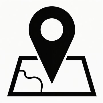 Black map pin icon superimposed over simple line drawing of city map. Locator symbol indicates specific destination point of interest. Graphic design element isolated on white background for