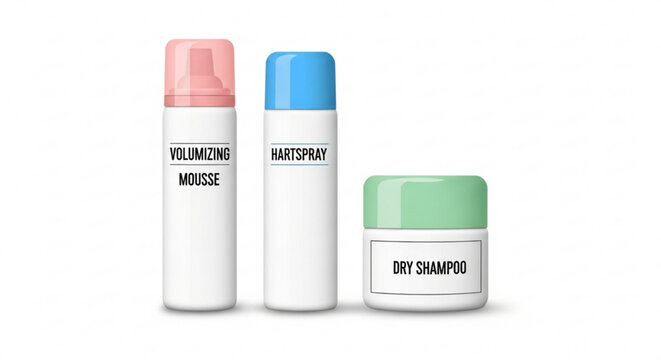 Three white cosmetic containers with colored caps labeled volumizing mousse hairspray and dry shampoo on white background beauty products