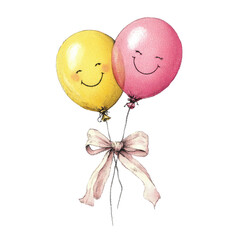 Naklejka premium Two cheerful balloons, one yellow and one pink, with smiling faces and a tied bow