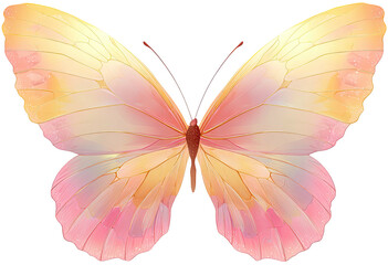 Delicate butterfly illustration, soft colors, wings open, isolated on black background, symmetrical