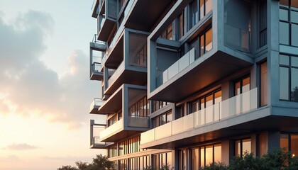 Obraz premium Modern modular apartments feature geometric metal and glass facades. Rectangular units create urban residential complex. Sleek design emphasizes adaptable living spaces and contemporary construction.