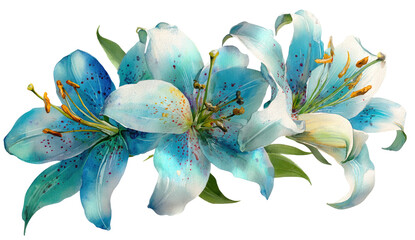 Stunning digital illustration of delicate blue lilies with white accents and green leaves