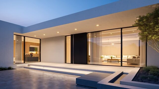 Modern house exterior with large glass windows at dusk