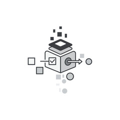 Abstract data processing cube with layers and connected squares representing information flow and validation for technology and business concepts