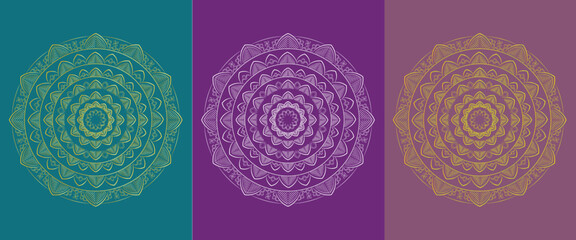 Luxury Gold Mandala Designs on Teal, Purple, and Mauve Backgrounds
