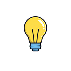 A glowing, yellow lightbulb with a blue base against a stark black background
