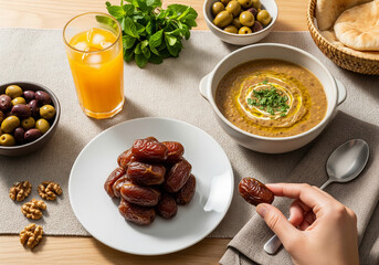 Flat lay of dates soup olives orange juice and hand holding date