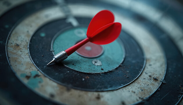 Red dart lies on worn dartboard rings. It missed the center bullseye, showing a failed attempt. Game sport object implies a lack of accuracy or skill.