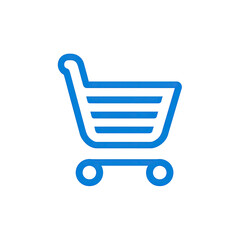 A vibrant blue shopping cart icon, outlined against a stark black background