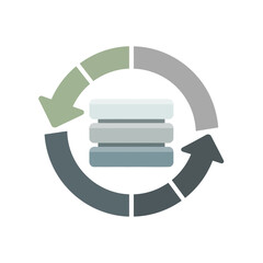 Circular arrows around stacked database icons indicating data flow and processing in a business or technology context