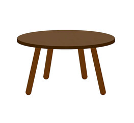Simple, cartoon-style round wooden table with four legs, isolated on black background