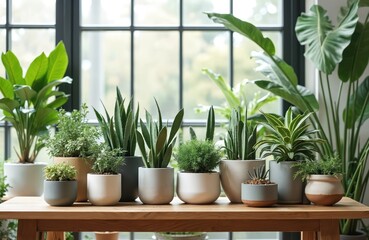 Fototapeta premium Diverse collection of potted green plants including cacti and succulents arranged on a wooden table. Rich greenery indoors near a large window. Home decor setup with various planters.
