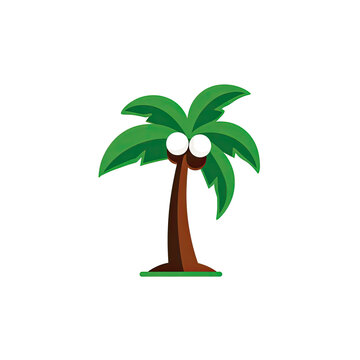 A cartoon palm tree with big eyes, brown trunk, green fronds, and black background
