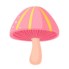 Cartoon illustration of a pink mushroom with yellow stripes and a light beige stem