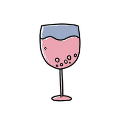 Whimsical illustration of a wine glass, filled with pink liquid, on a solid black background