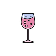 Simple illustration of a cocktail glass with pink drink and bubbles on a stark black background