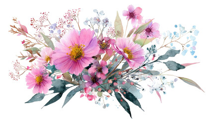 A vibrant watercolor floral arrangement with various pink and blue flowers and green leaves