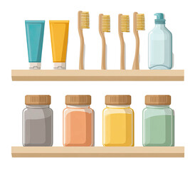 Illustration of bathroom essentials including oral hygiene and medication on wooden shelves