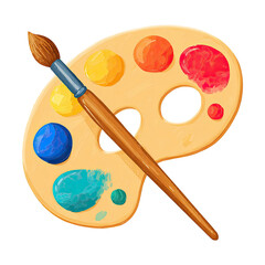 Colorful artist's palette with a paintbrush, showcasing vibrant paint splotches on a dark background