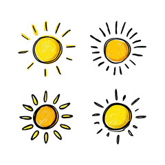 Four stylized yellow sun illustrations with varying levels of detail, on a black background