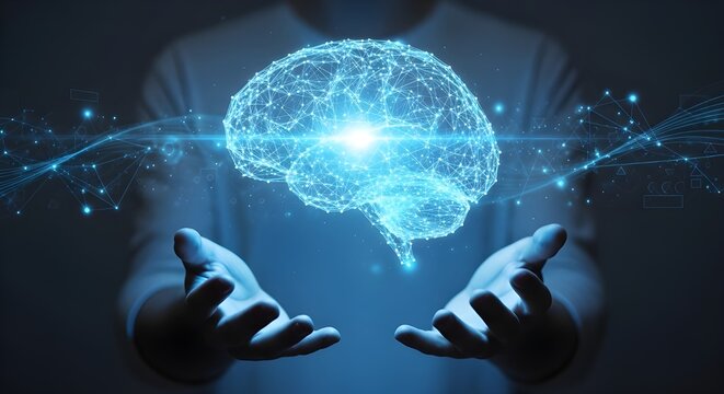 A futuristic conceptual illustration of human hands holding a glowing, interconnected digital brain. This image represents artificial intelligence, neural networks, deep learning