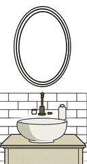 Bathroom illustration, featuring a sink, mirror, faucet, bottle and brick wall
