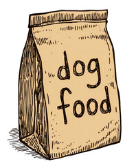 Brown bag of dry food. Bold, handwritten "dog food" text. Shadows add depth. Cartoon illustration