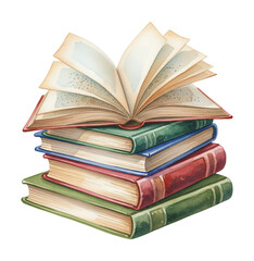 Naklejka premium A vibrant stack of colorful vintage books with an open book on top displaying pages detailed watercolor illustration