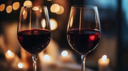 Elegant red wine glasses against a backdrop of soft candlelight ambiance