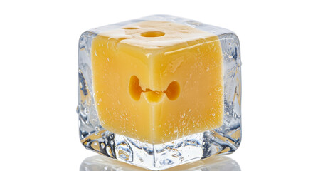 Realistic Photo Of Cheese Cube Frozen In Ice With Bubbles And Light Reflection