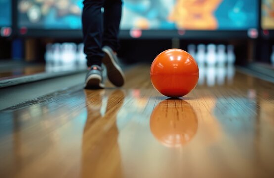 Person rolls orange ball down wooden lane toward pins in bowling alley. Footwear visible, reflection on polished floor. Indoor leisure activity indoors.