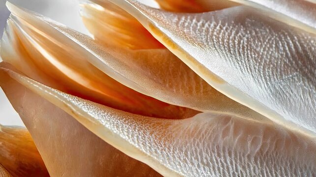 Close-up of translucent orange seashells with intricate textures.