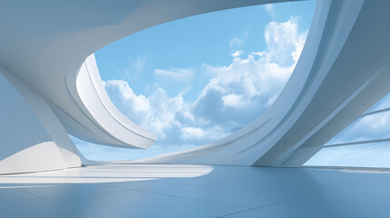 Futuristic White Architecture Interior With Curved Opening And Blue Sky