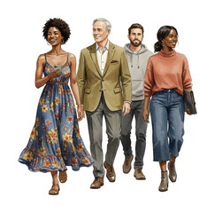Fototapeta premium A diverse group of smiling people walking forward happy African American woman holding a phone Caucasian man
