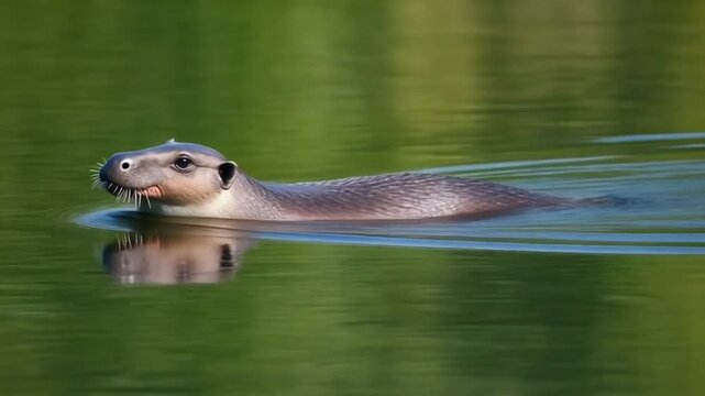 Otter Swimming in Green Water Wildlife Habitat