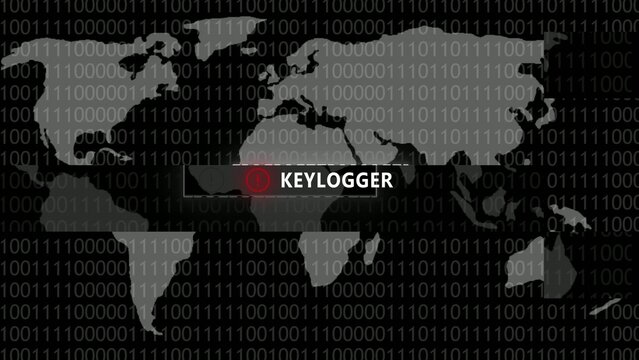 Global digital binary code Generate title without using the word "Title:" before it. background with map overlay showing keylogger cybersecurity threat warning