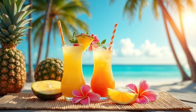 Two tropical cocktails with pineapple and orange slices sit on a table near palm trees. Ocean waves lap on the sandy beach under a clear blue sky. Refreshing drinks for a summer vacation.