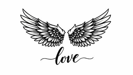 Obraz premium Angel Wings with the word Love written below.