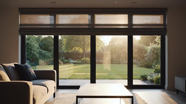 Automatic Window Blinds closing in modern living room representing Energy Efficiency and Insulation