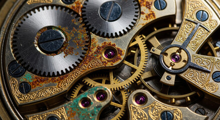 Macro View of Antique Clockwork Gears with Rust and Intricate Engravings