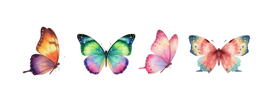 Vibrant watercolor butterflies set with colorful detailed wings artistic elegant natural on white