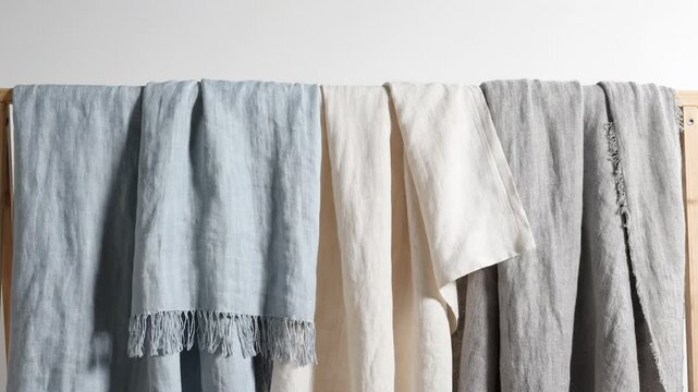 Displaying Various Linen Throws on a Wooden Rack