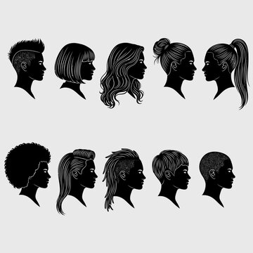 Collection of 10 Diverse Female Hairstyles Profile Silhouettes and Haircuts
