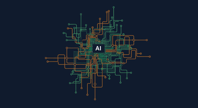 A sophisticated abstract digital network of interconnected pathways and nodes converges around the central 'AI' text, illustrating the complex architecture of artificial intelligence and machine
