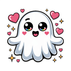 Obraz premium Adorable kawaii ghost character with big sparkling eyes surrounded by hearts and stars for halloween cute sticker valentine theme emoji nursery decor and social media icon printable